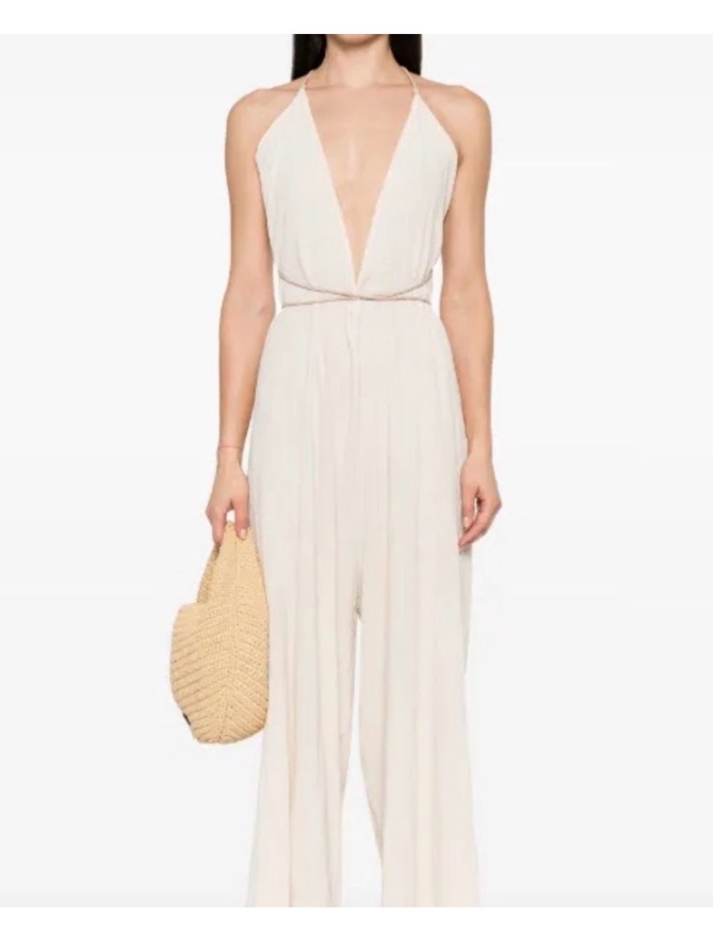 Caravana Women’s white Cream linen Pakkun Halter Plunging Jumpsuit with leather